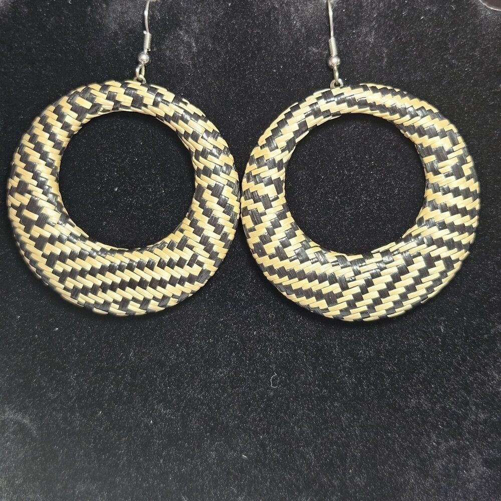 Silver Tone Large Black And Tan Basket Weave Hoop Earrings